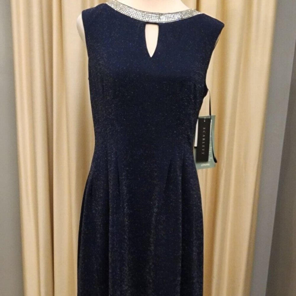 SCARLETT Size 6 Sheath Dress Rhinestone Collar Keyhole Navy Blue Sparkly NWT
